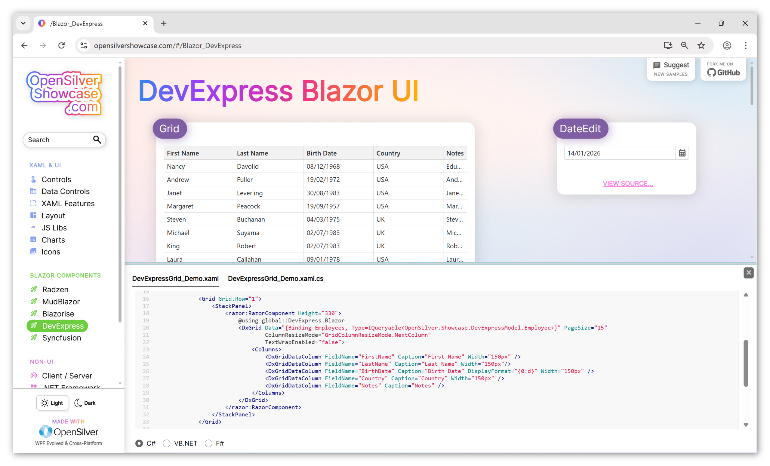 OpenSilver Showcase displaying DevExpress Blazor components with source code panel