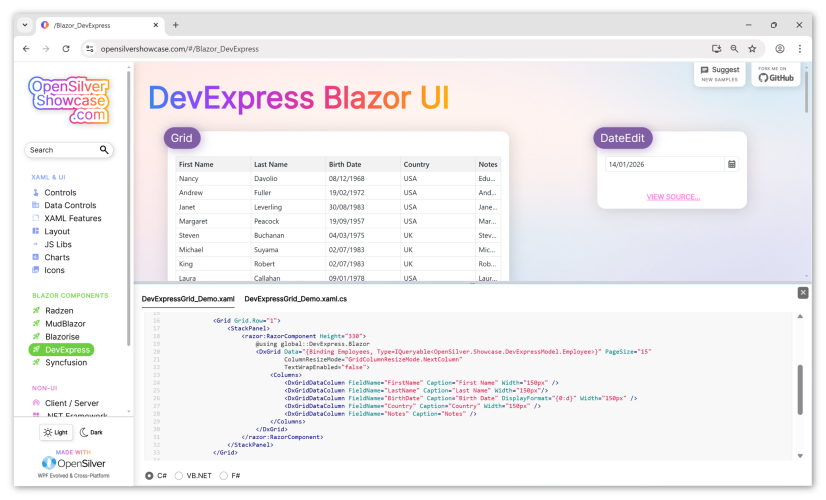 OpenSilver Showcase displaying DevExpress Blazor components with source code panel