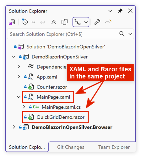 Visual Studio Solution Explorer showing XAML and Razor files together
